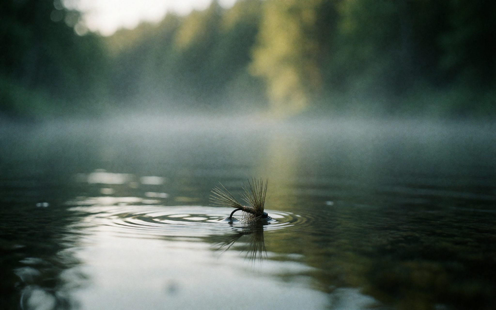 A dry fly resting on glassy water as a rise ring spreads