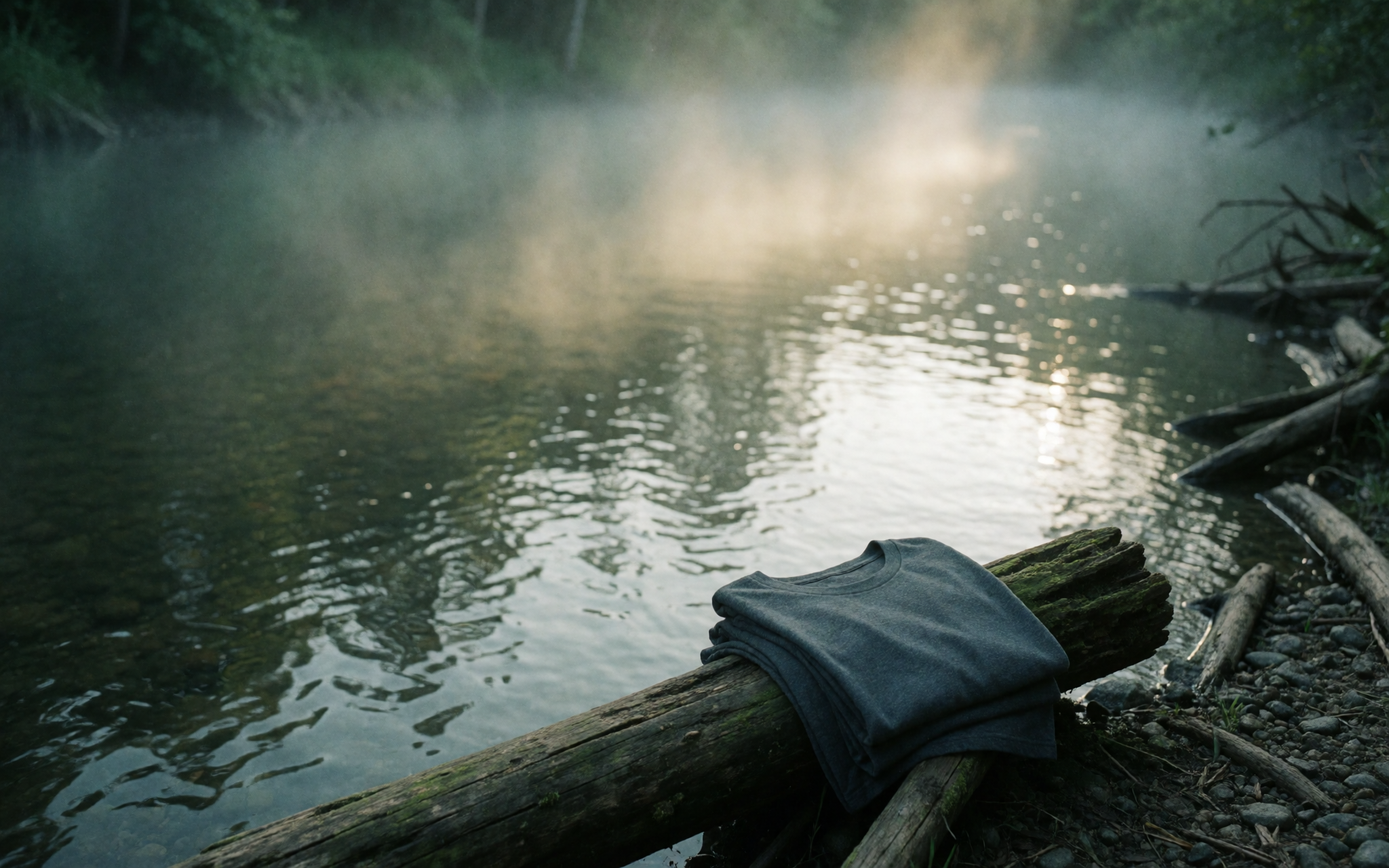 A heather-slate word-only tee laid on weathered driftwood